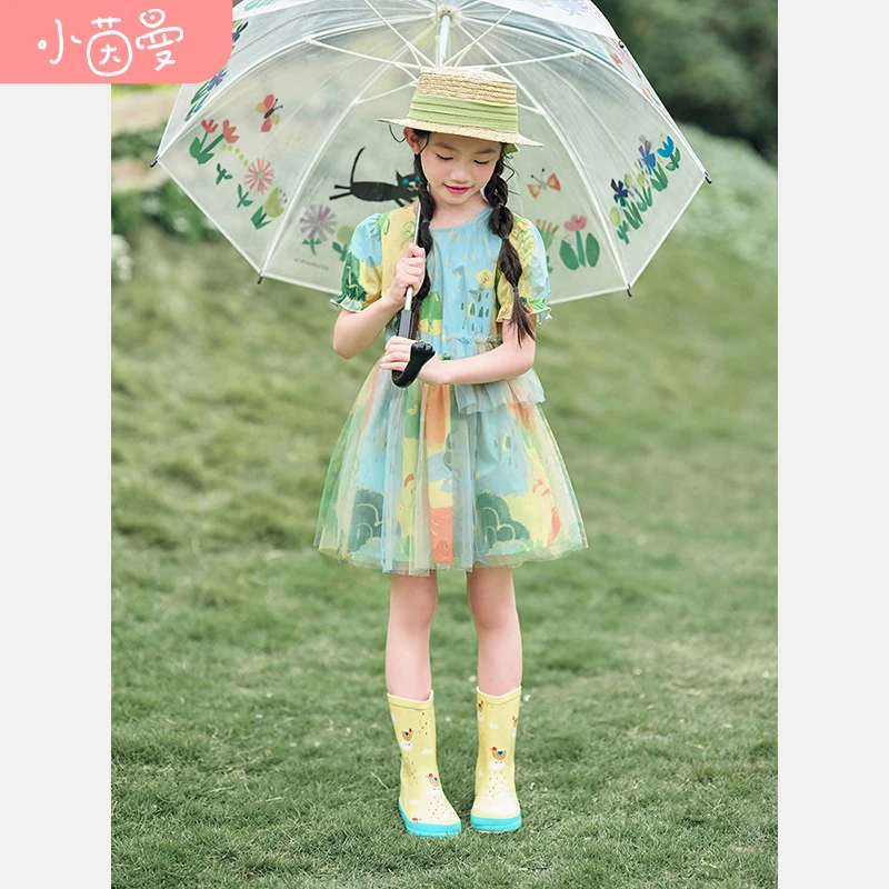 小茵曼童装彩色油画连衣裙夏季儿童洋气古风碎花女童裙子3832042