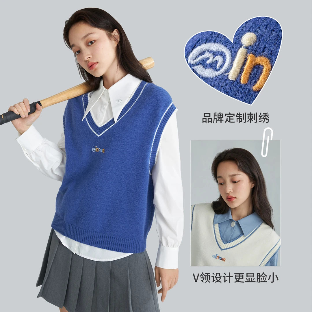 【一桐专属2】茵曼套头毛衣女士撞色V领休闲宽松学院风针织18213099