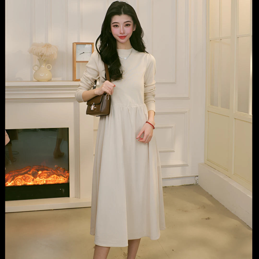 茵曼2024年秋冬通勤法式气质百搭时尚针织优雅长袖连衣裙18348728
