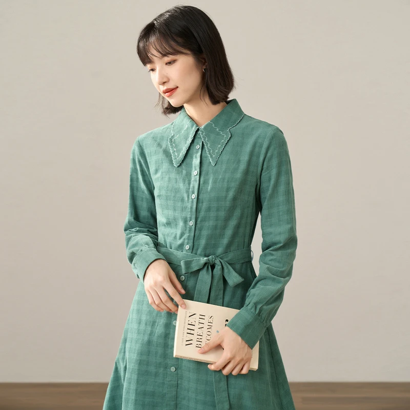 【茵曼女装】茵曼通勤衬衫领格纹收腰长袖连衣裙18247703