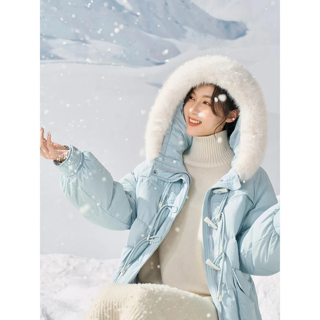 【大叔专属】茵曼中长款白鸭绒大毛领羽绒服过膝时尚百搭外套7307