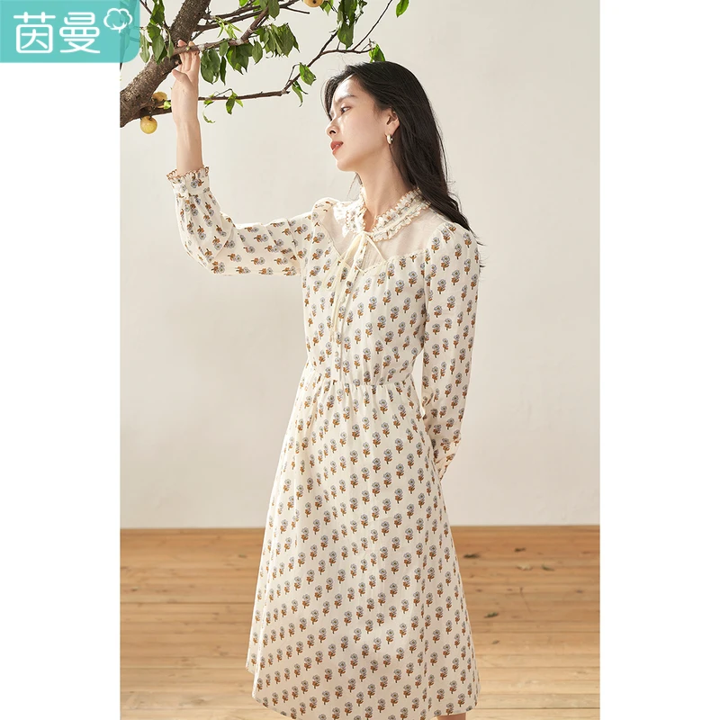 茵曼收腰法式女装新款日系文艺碎花绣花花边立领连衣裙18236502