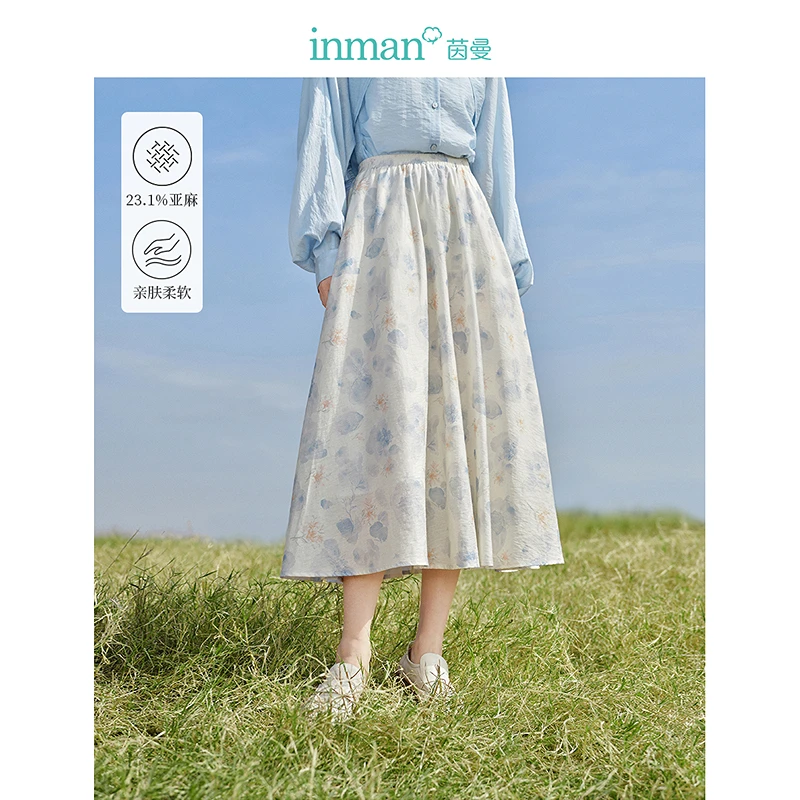 【茵曼服饰】晕染印花亚麻半身裙松紧腰宽松遮胯显瘦裙子18412674