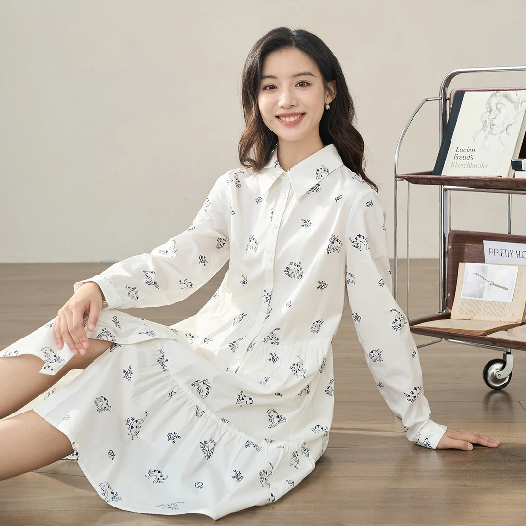 【豆豆专属】茵曼田园连衣裙翻领绑带印花A字衬衫裙子18336153