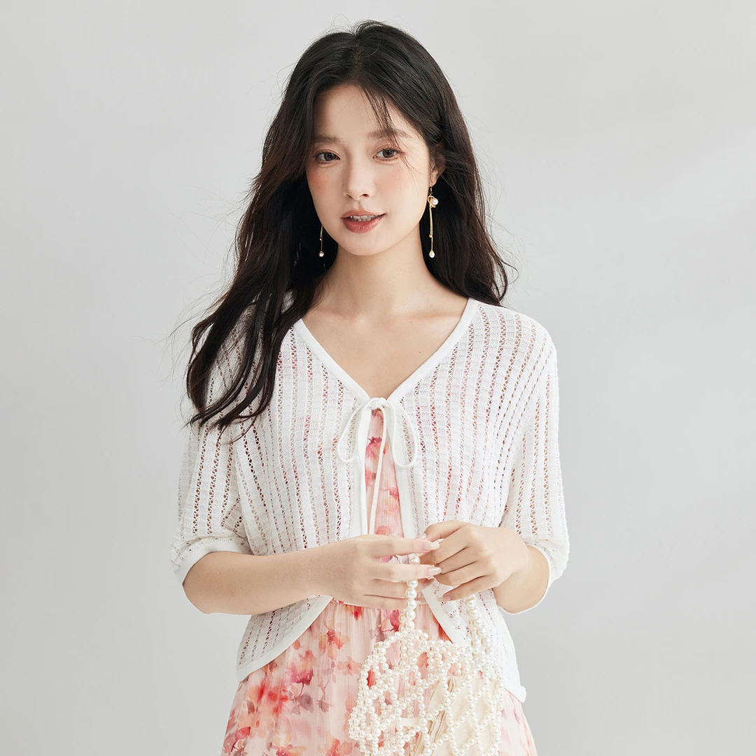 【茵曼女装】茵曼镂空透气系带针织衫披肩空调衫小罩衫F18425074