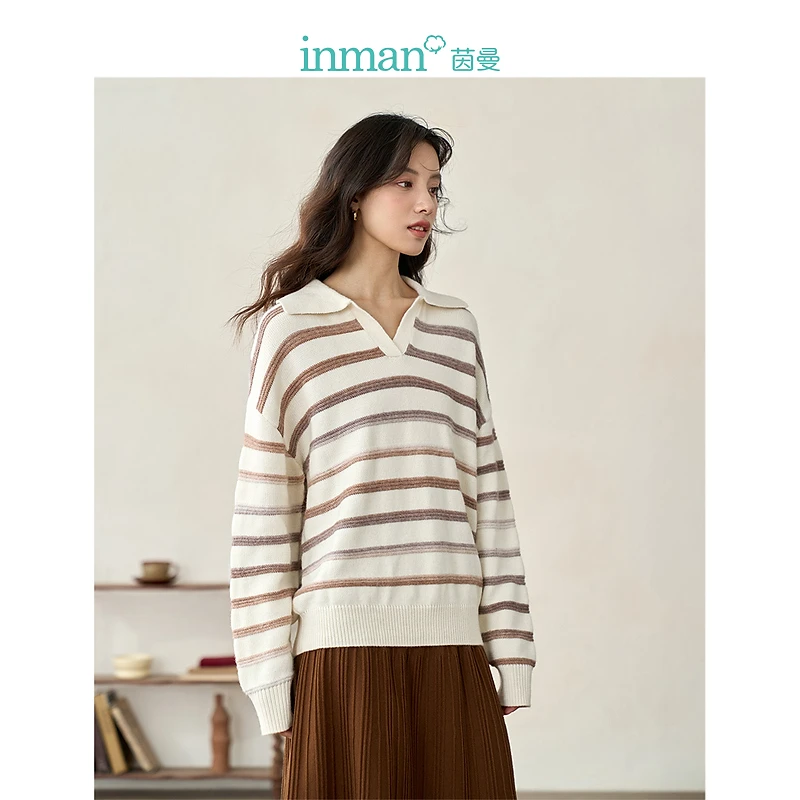 【商城同款】茵曼条纹套头毛衣冬季翻领长袖宽松休闲时尚针织上衣女