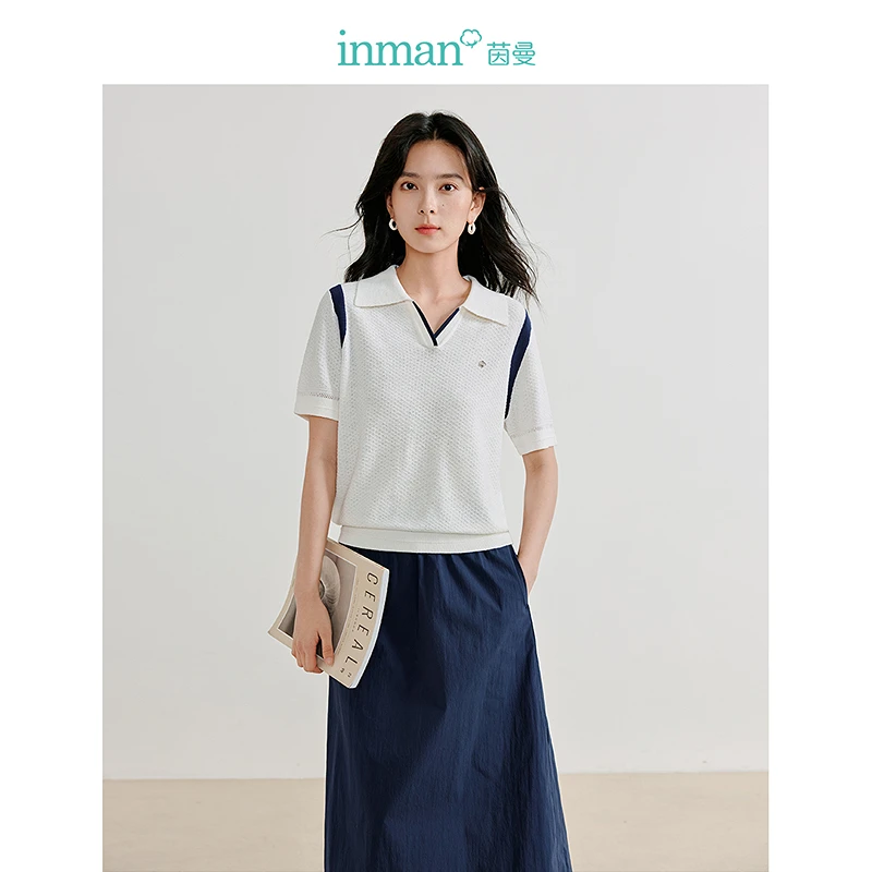 【茵曼女装】茵曼复古拼接polo领针织衫短袖上衣18426018