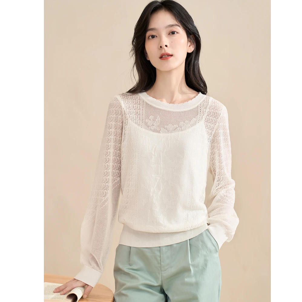 【茵曼服饰】时尚镂空设计圆领宽松长袖毛衣18316250