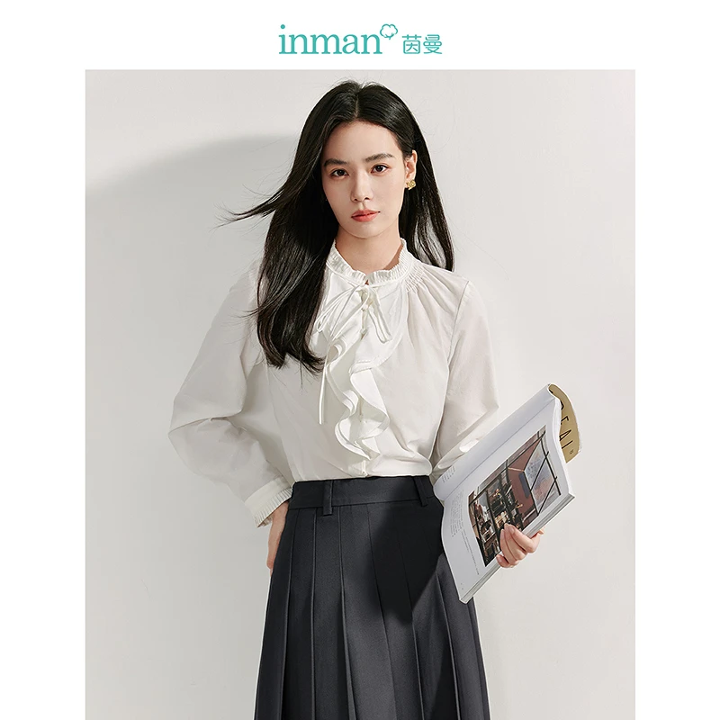 【千颂妮专享】通勤系带立领荷叶边压褶长袖衬衣18438191