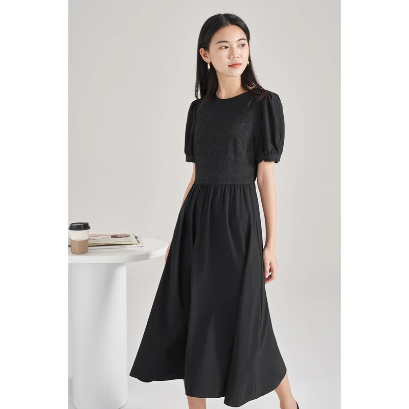 【茵曼服饰】拼接提花连衣裙气质通勤伞裙子18225559