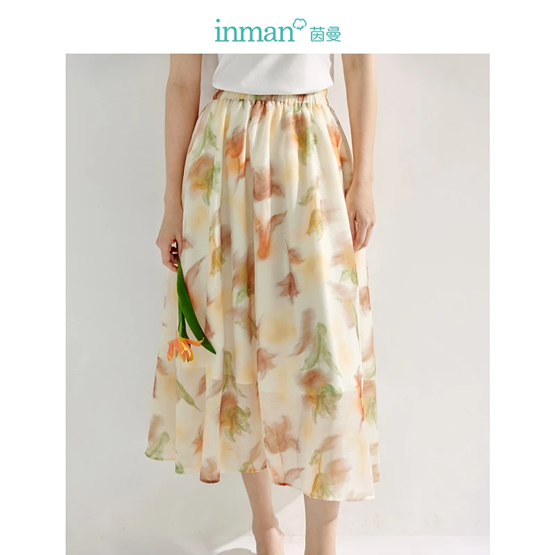 茵曼2024夏季新款女半身裙长裙女装显瘦A字休闲高腰印花腰裙时尚