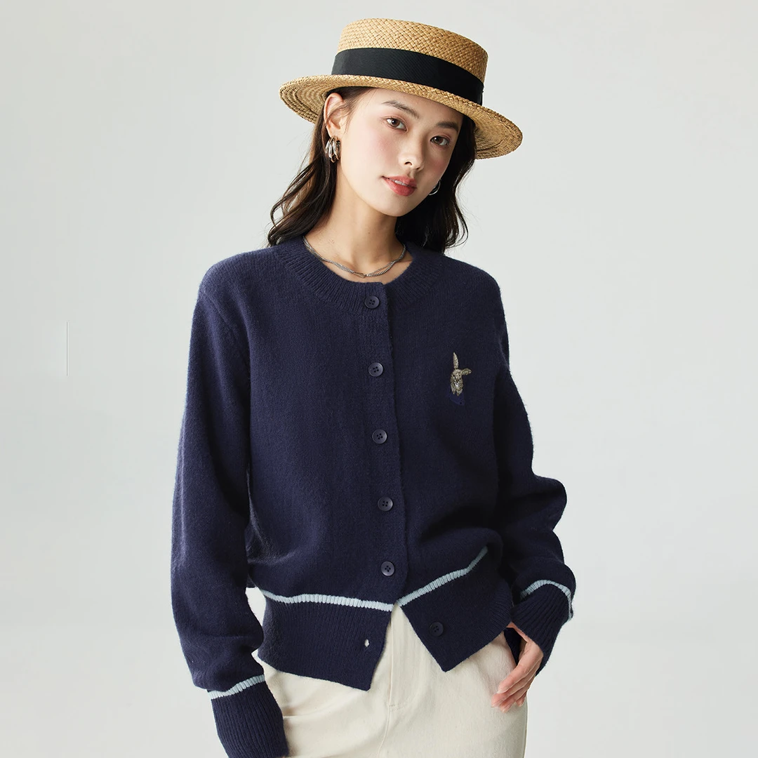 【茵曼服饰】保暖圆领针织开衫学院复古慵懒风毛衣上衣F18348822