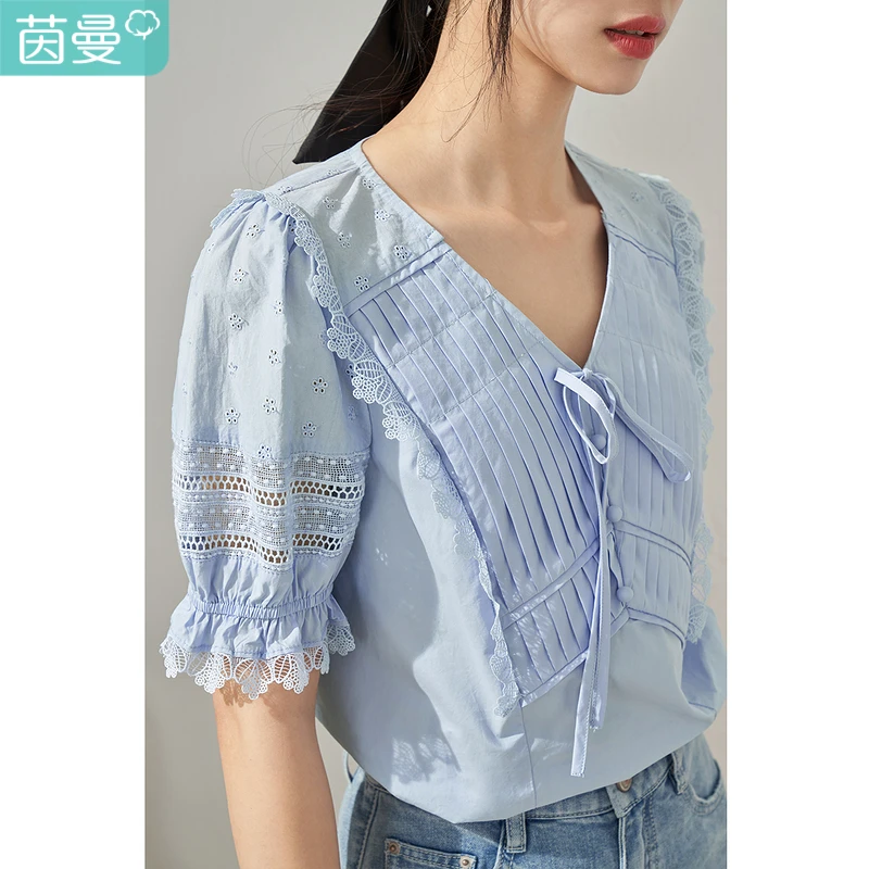 【茵曼服饰】镂空法式气质花边V领复古褶花苞袖短袖18225751