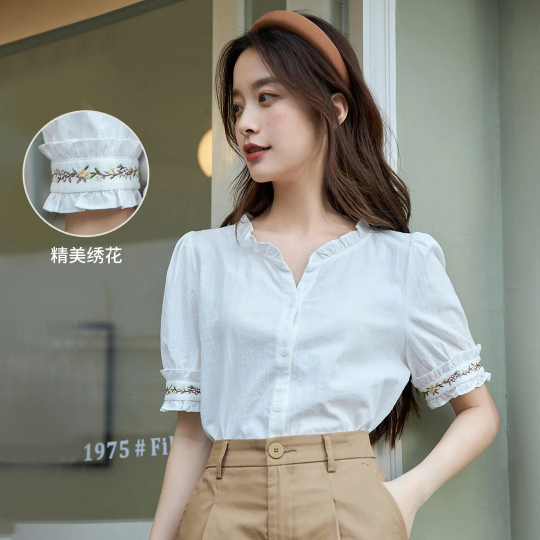 【茵曼服饰】田园木耳边短袖衬衫夏季新款文艺绣花K18424032