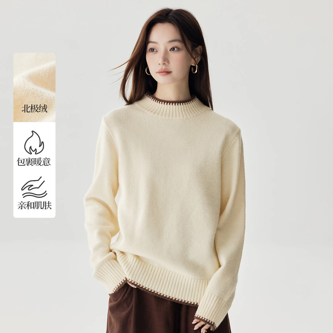 【双11抢先购】茵曼冬季撞色半高领毛衣时尚百搭保暖舒适套头针织衫