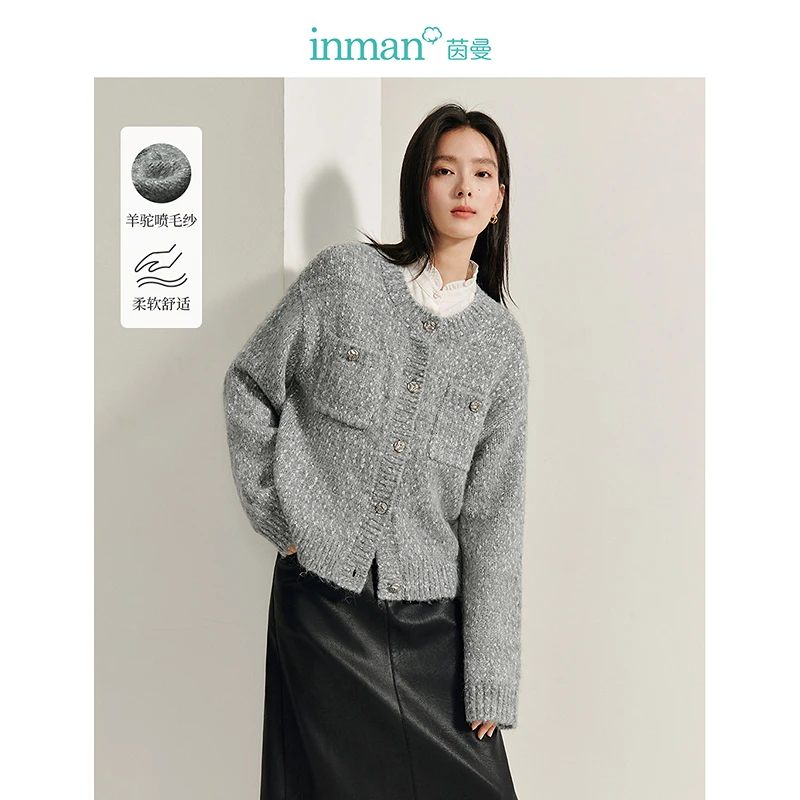 【茵曼女装】茵曼小香风羊驼花纱毛衣外套圆领针织开衫18448128