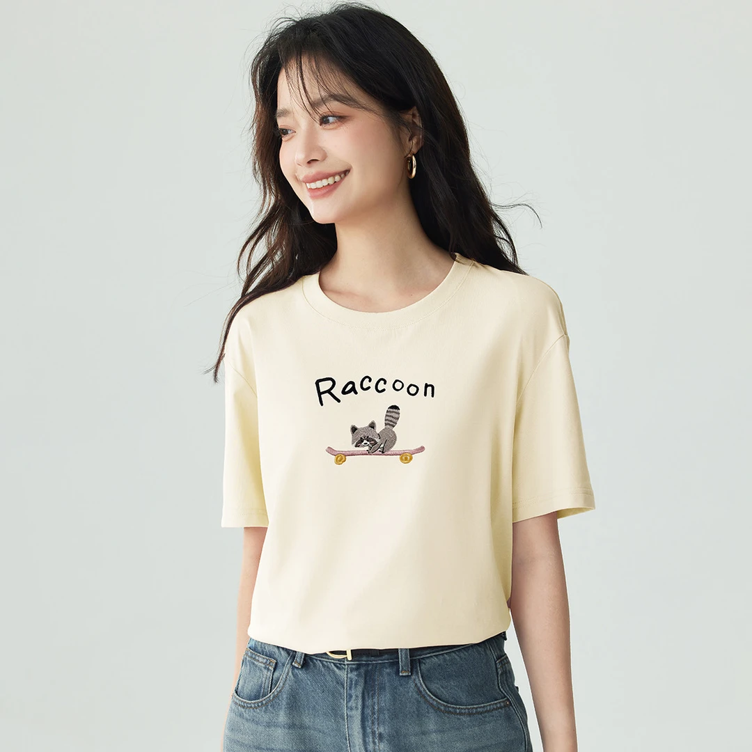 茵曼索罗纳凉感趣味绣花短袖T恤宽松上衣