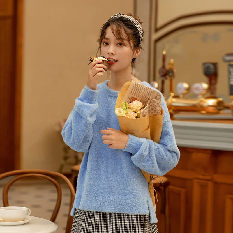 【大叔专属10】茵曼圆领落肩袖下摆开衩毛绒针织套头毛衣1894007