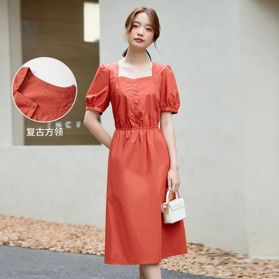 法式方领连衣裙夏季复古泡泡袖气质短袖A字裙子F18322697