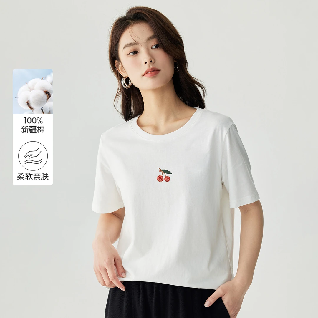 茵曼简约舒适圆领t恤潮流白色柔软K18424018