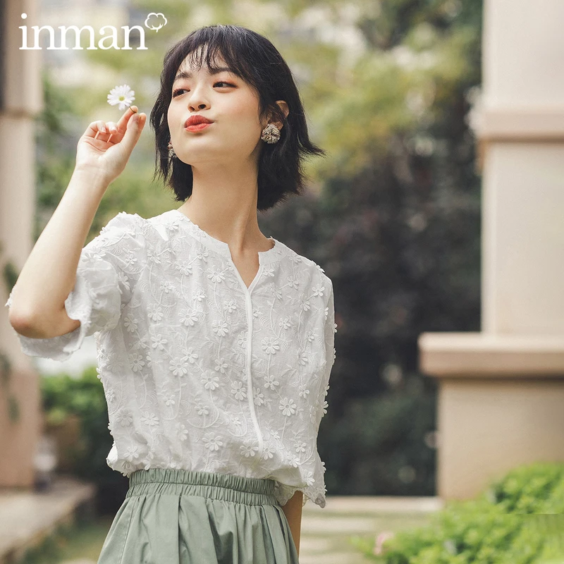 【视频同款】茵曼夏季绣花白色纯棉衬衫女喇叭袖仙气少女衬衣上衣