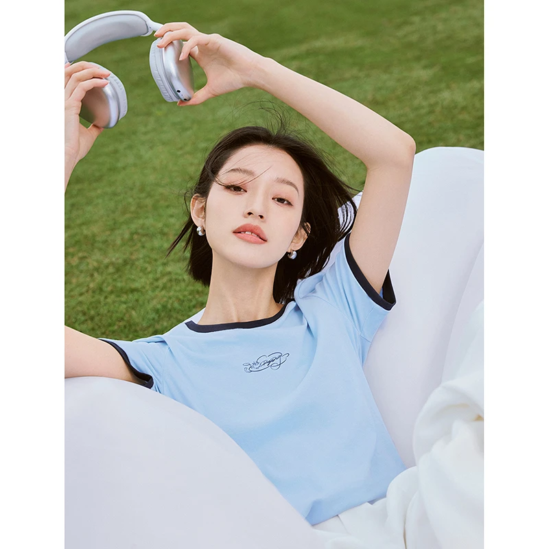 茵曼米雷系列刺绣T恤短袖小个子上衣18424598