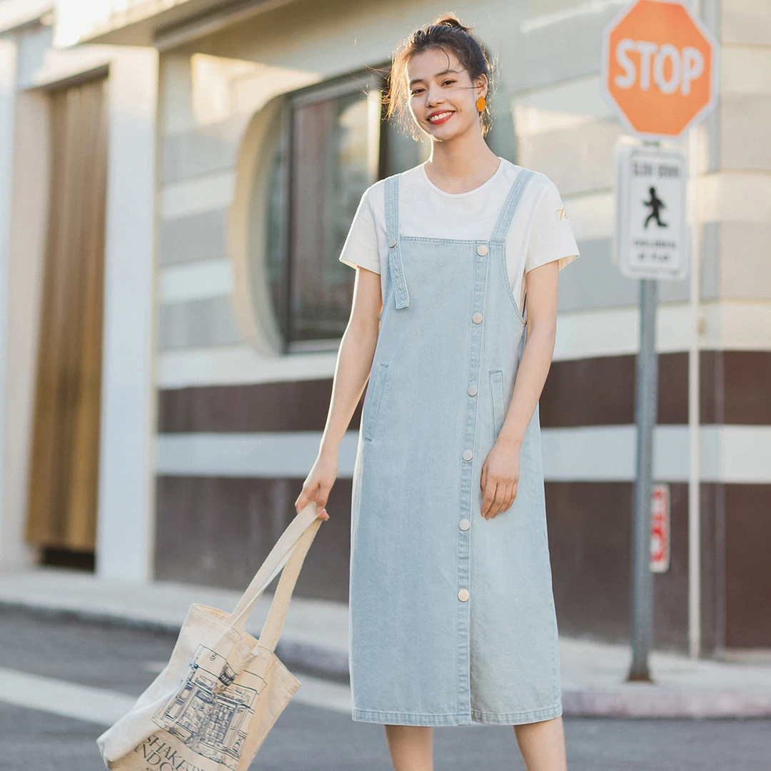 【绿子专属】牛仔背带裙中长款配T恤两件套18424748