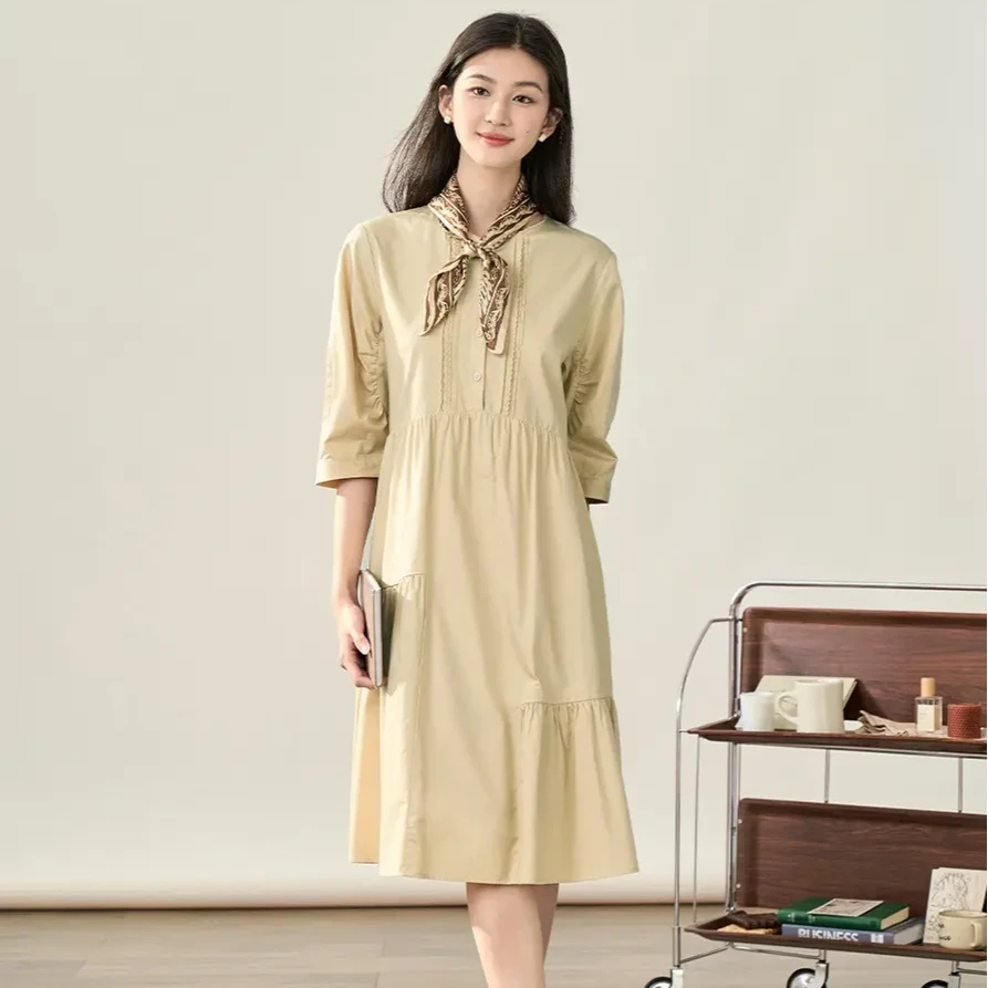 【商城同款】茵曼气质女遮肉修身夏季休闲显瘦卡其色裙子夏日穿搭