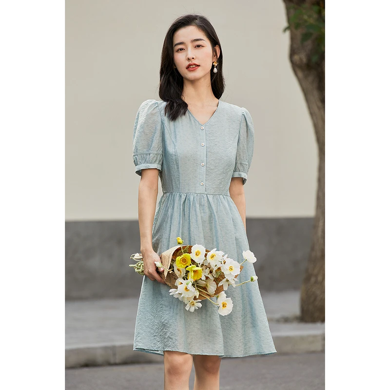 【茵曼女装】茵曼提花V领气质花边泡泡袖连衣裙18225359