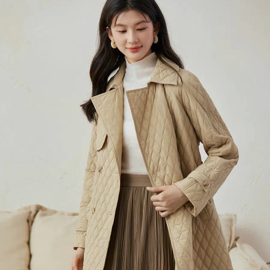 【茵曼女装】菱格夹棉风衣式收腰厚棉服外套18346191