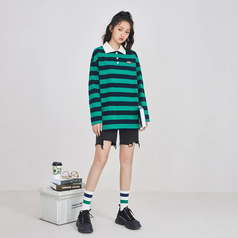 【大叔女装】茵曼新款宽松条横POLO翻领休闲减龄长袖上衣18213175
