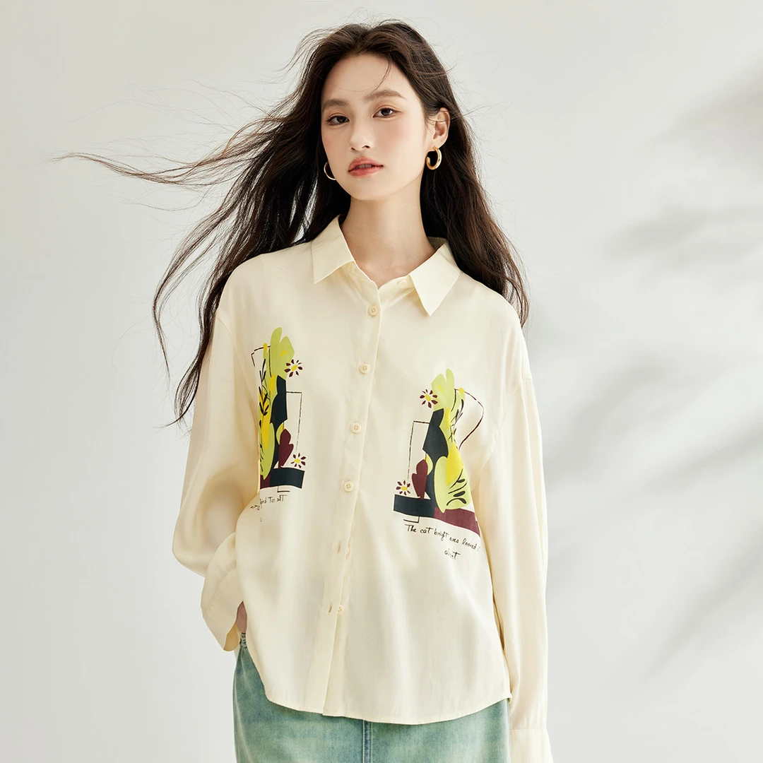 【茵曼女装】茵曼时尚印花衬衣慵懒设计感别致通勤衬衫F18438343