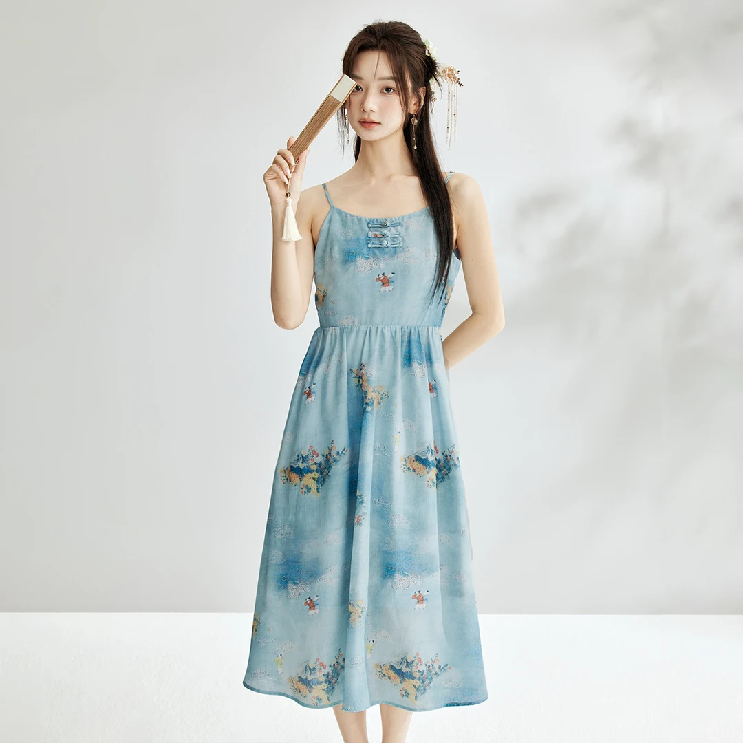 【茵曼女装】茵曼新中式国风印花吊带文艺A字背心裙子F18438379