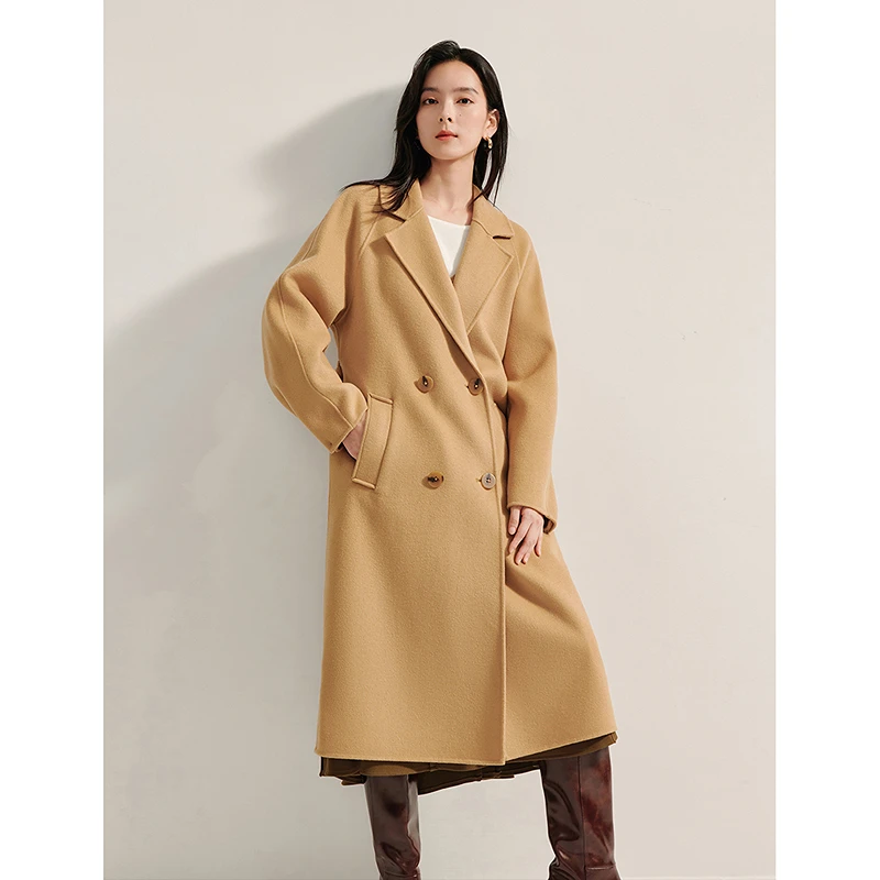 【千颂妮专享】双面呢外套双排扣翻驳领长款大衣18448077