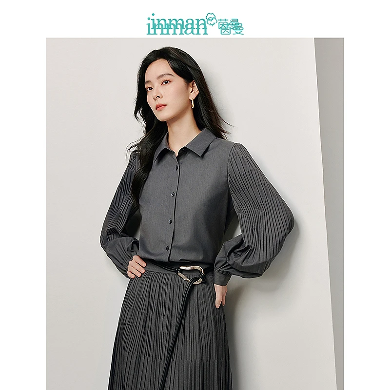 【茵曼女装】浮感压褶灯笼袖衬衫时尚通勤衬衣W18438075