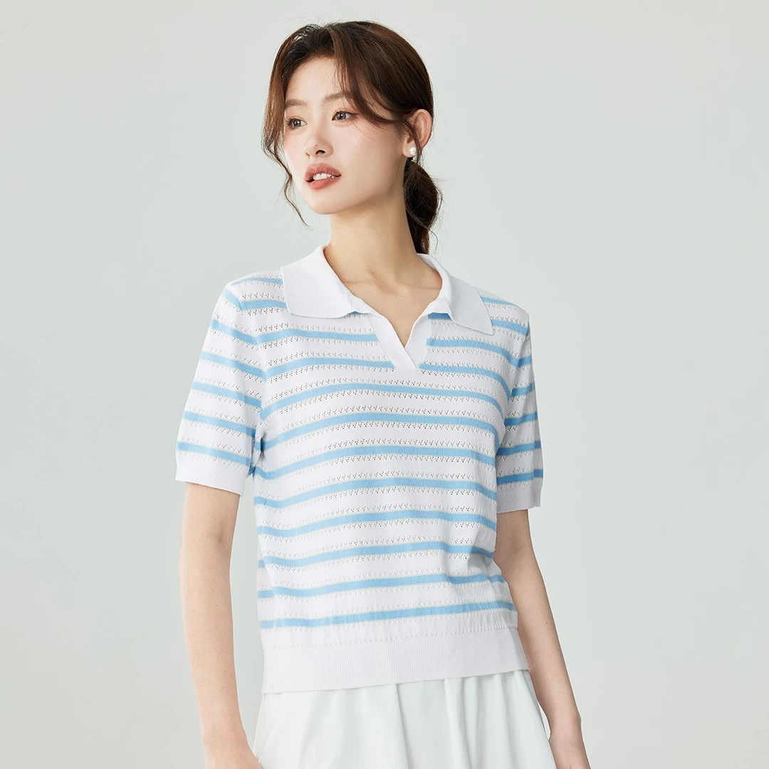 茵曼清凉冰丝条纹针织衫短袖POLO衫W18424503