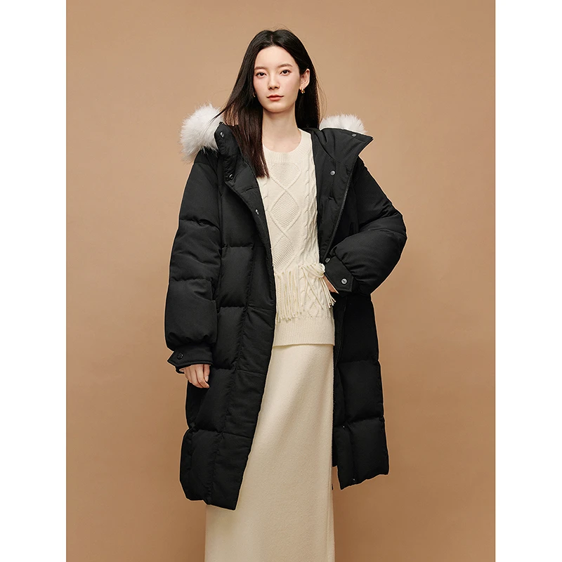【茵曼女装】茵曼连帽毛领羽绒服鸭绒保暖防风长款外套18448015