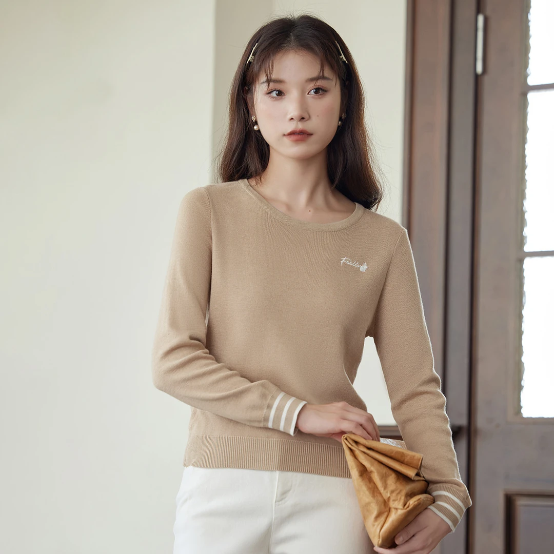 【红人专属】文艺复古刺绣打底衫上衣女圆领长袖针织毛衣F18332353