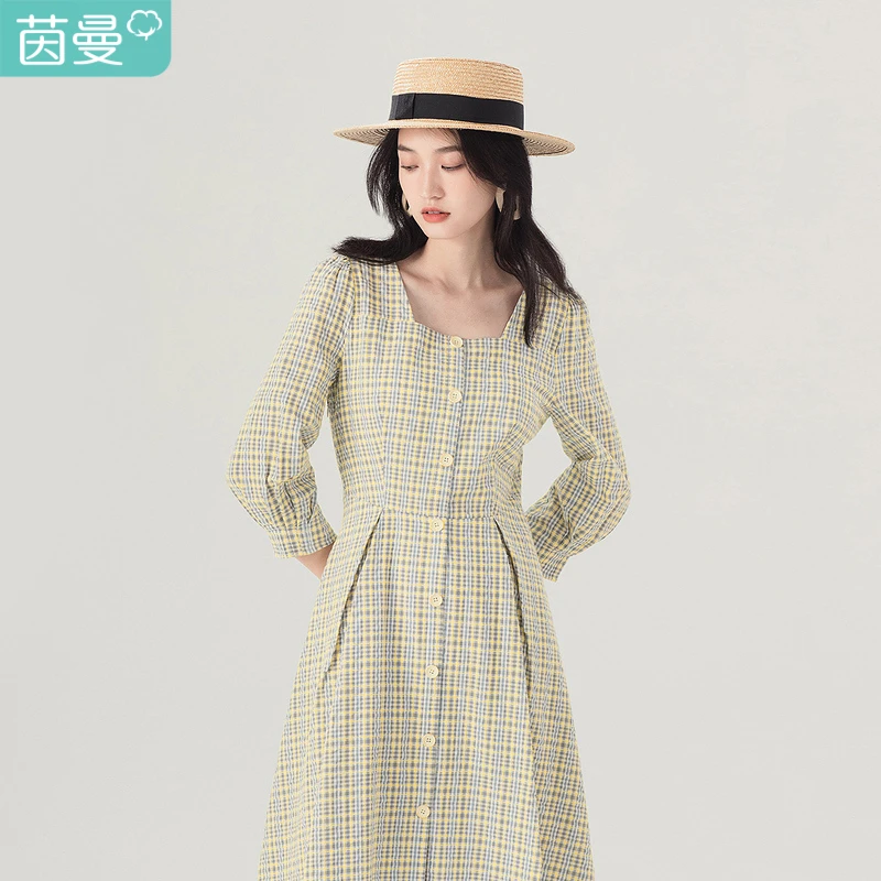 茵曼春秋女连衣裙休闲印花时尚纯棉无袖法式百搭爆款舒适简约实用