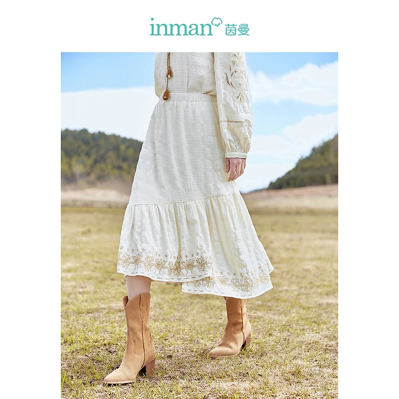 【茵曼服饰】文艺绣花半身裙高腰A字中长裙18332268