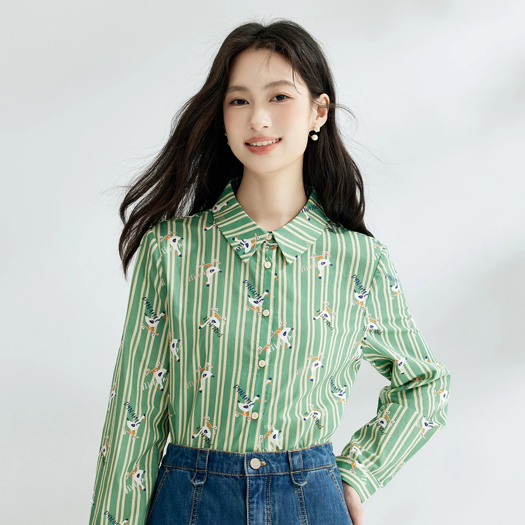 【茵曼服饰】趣味减龄印花条纹衬衫小众衬衣F18438469