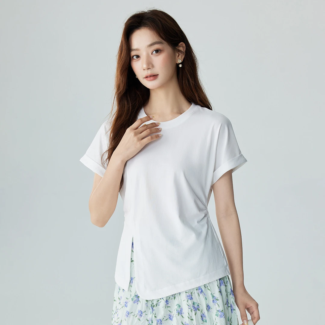 茵曼夏季女T恤上衣短袖长袖白新款休闲刺绣连帽不规则时尚反季