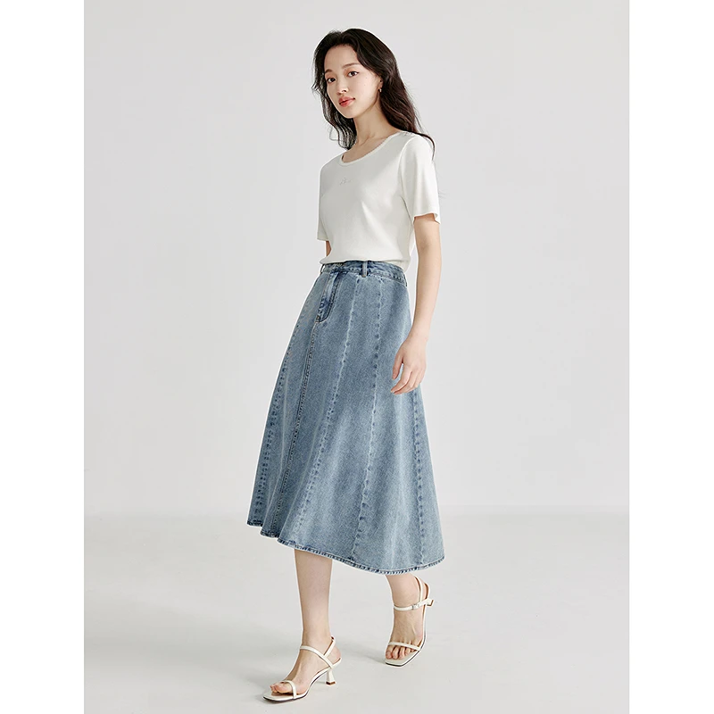 【小蛋黄推荐】茵曼法式牛仔半身显高中高腰A字伞裙子W18424131