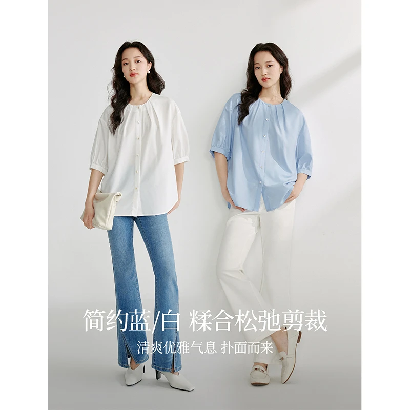 【茵曼女装】茵曼法式衬衫捏褶圆领短袖宽松上衣W18424130