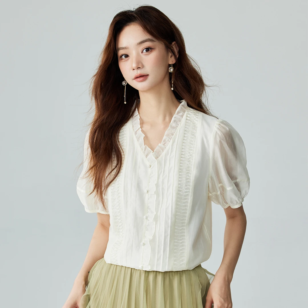 【茵曼女装】茵曼莱赛尔法式气质提花衬衣镂空高级感衬衫18424739