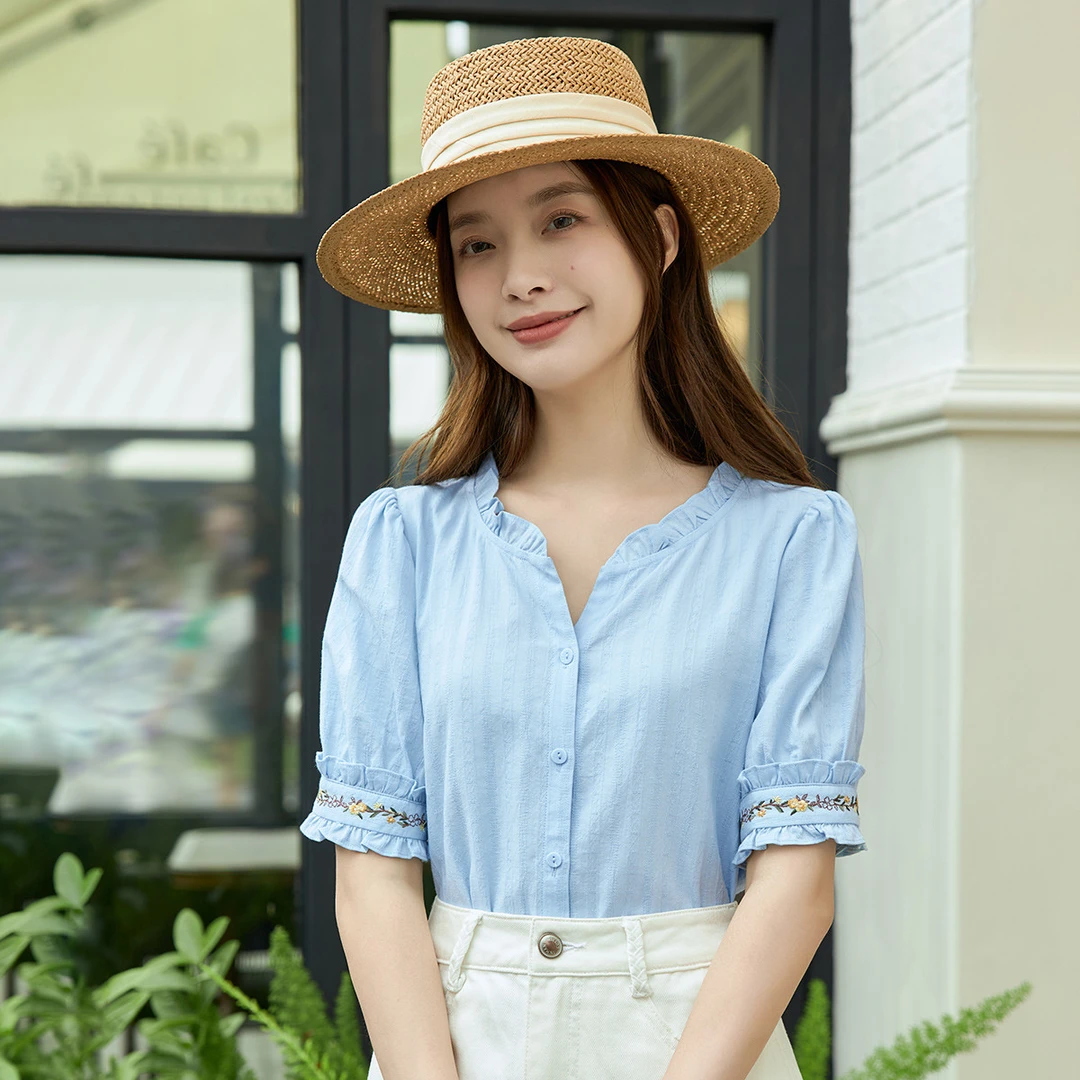 【茵曼服装】茵曼田园木耳边短袖衬衫文艺绣花衬衣K18424032