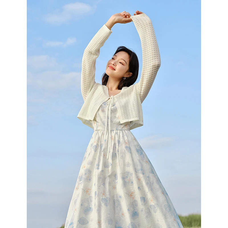 【品牌折扣】茵曼印花亚麻吊带裙v领收腰显瘦百搭连衣裙18412688