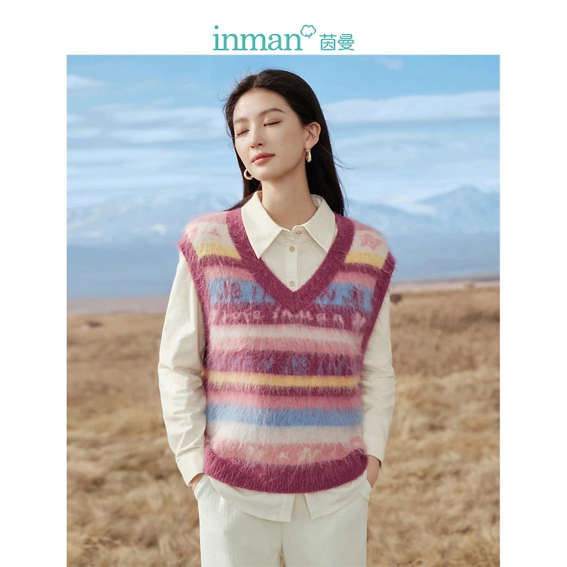【茵曼女装】茵曼复条纹字母毛衣马甲软糯厚背心18348336