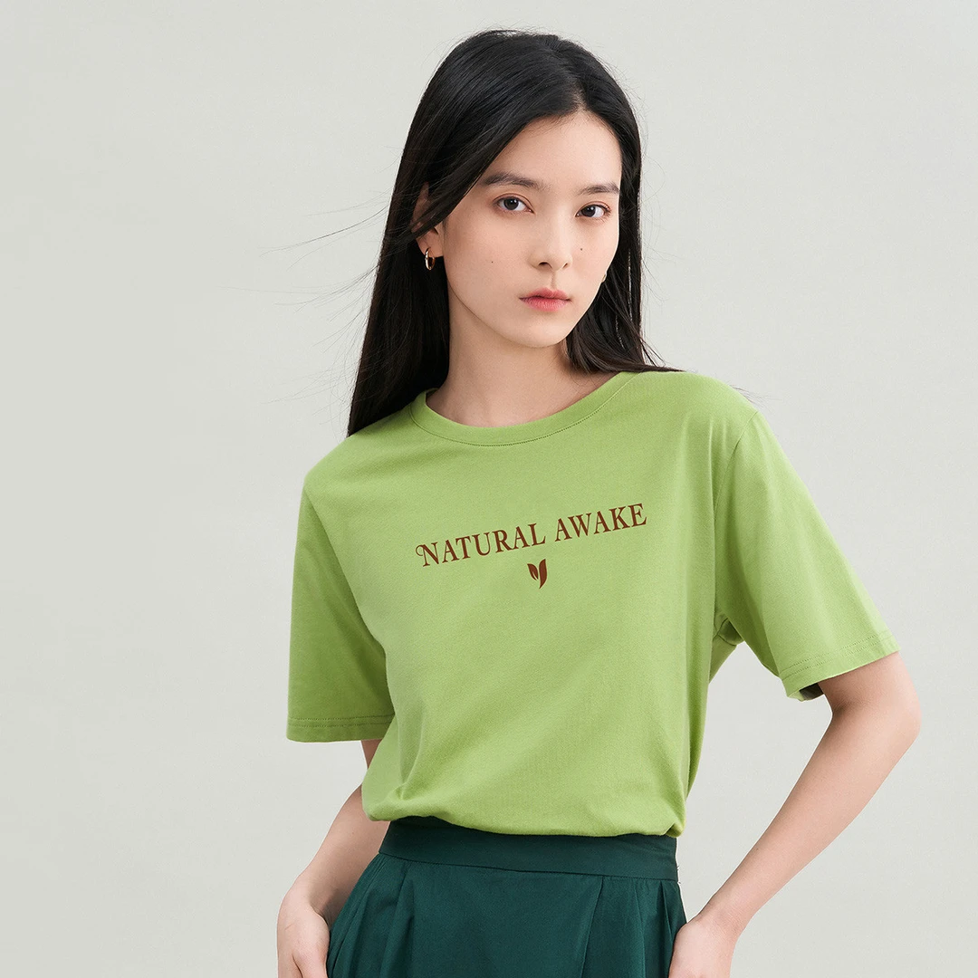 【茵曼女装】茵曼棉字母慵懒风印花短袖恤宽松显瘦上衣F18322900