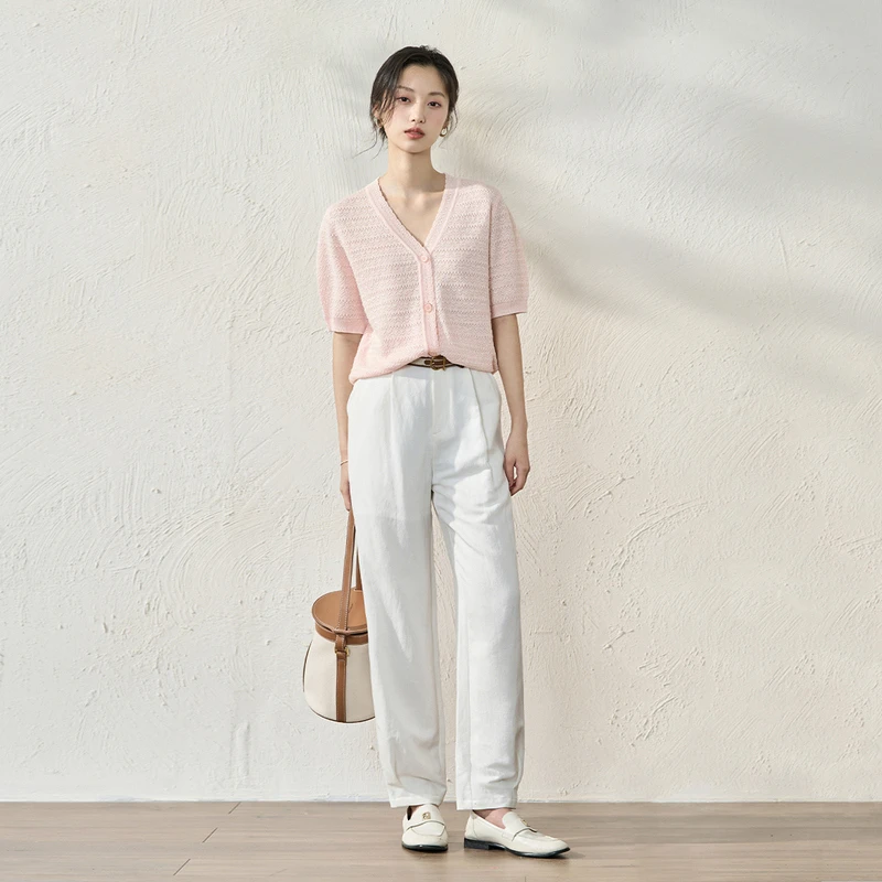 【茵曼服饰】小香风时尚气质V领短袖针织衫薄款上衣18326233